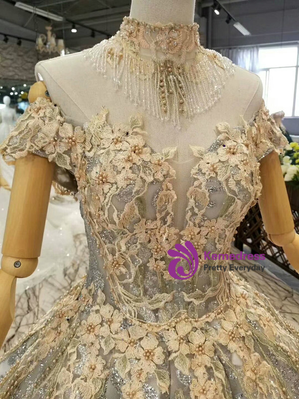 Silver Gray Sequins Champagne Appliques Off The Shoulder Wedding Dress