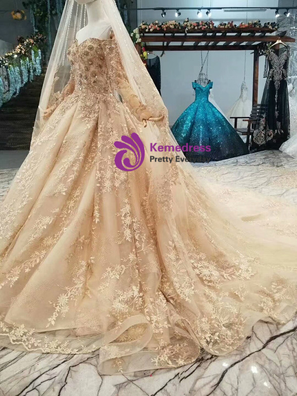 Champagne Tulle Lace Appliques Off The Shoulder Long Sleeve Wedding Dress