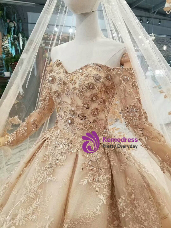 Champagne Tulle Lace Appliques Off The Shoulder Long Sleeve Wedding Dress