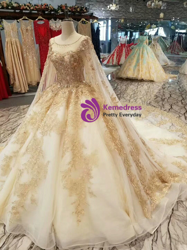 Champagne Ball Gown Tulle Lace Appliques Backless Wedding Dress With Beading