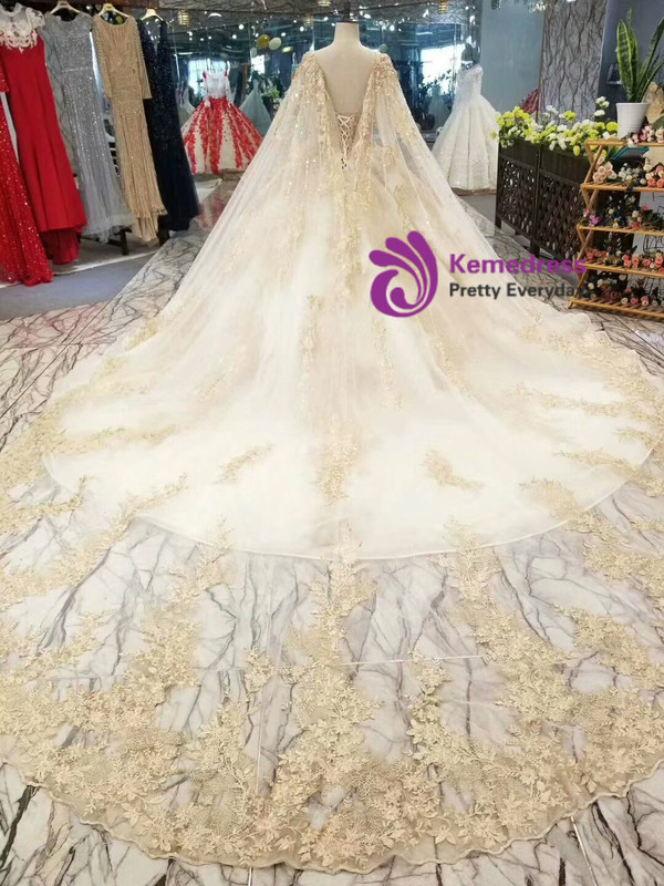 Champagne Ball Gown Tulle Lace Appliques Backless Wedding Dress With Beading