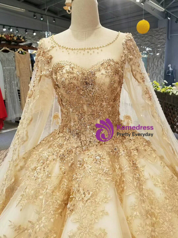 Champagne Ball Gown Tulle Lace Appliques Backless Wedding Dress With Beading