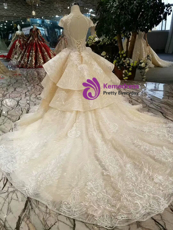 Champagne Ball Gown Tulle Sequins Cap Sleeve Appliques Wedding Dress With Beading