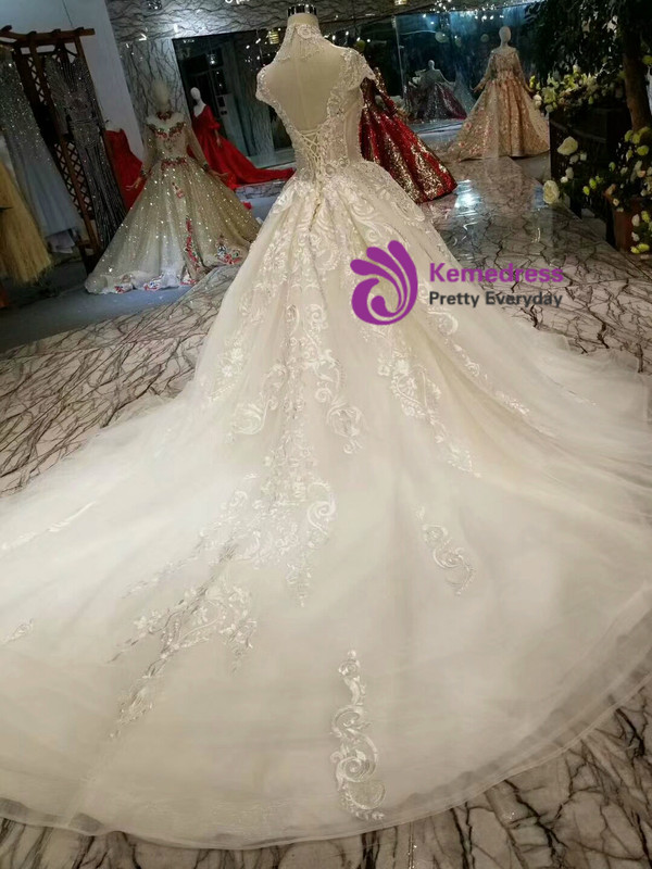 Light Champagne Tulle High Neck Cap Sleeve Backless Appliques Wedding Dress