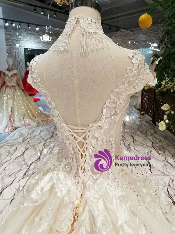 Light Champagne Tulle High Neck Cap Sleeve Backless Appliques Wedding Dress