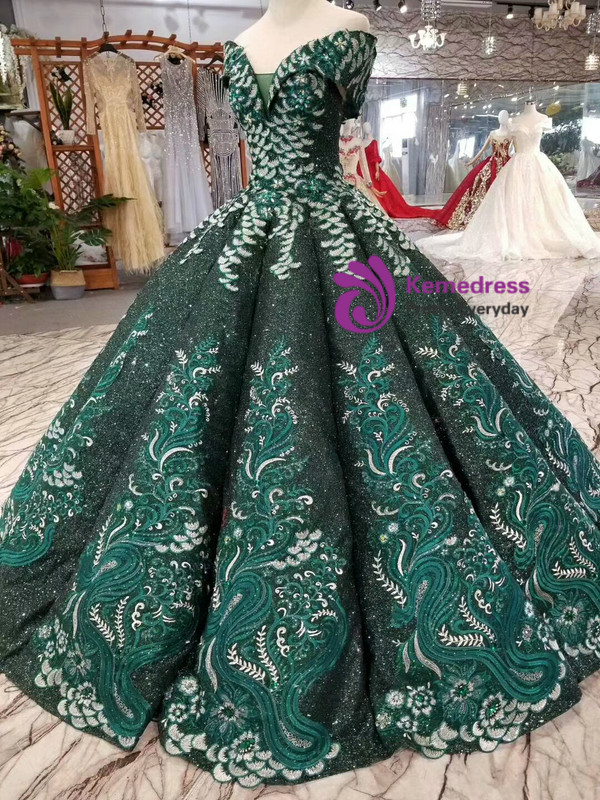 Dask Green Sequins Appliques Off The Shoulder Floor Length Wedding Dress