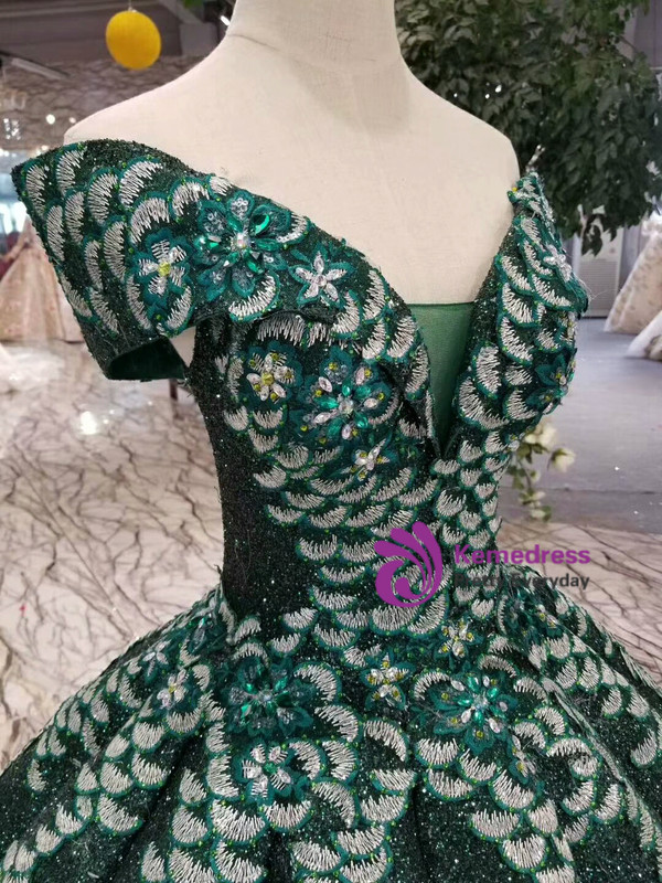Dask Green Sequins Appliques Off The Shoulder Floor Length Wedding Dress