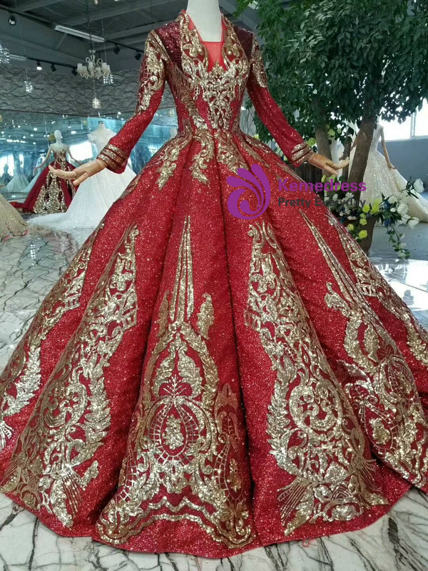 Red Ball Gown Sequins V-neck Long Sleeve Gold Sequins Appliques Wedding Dress