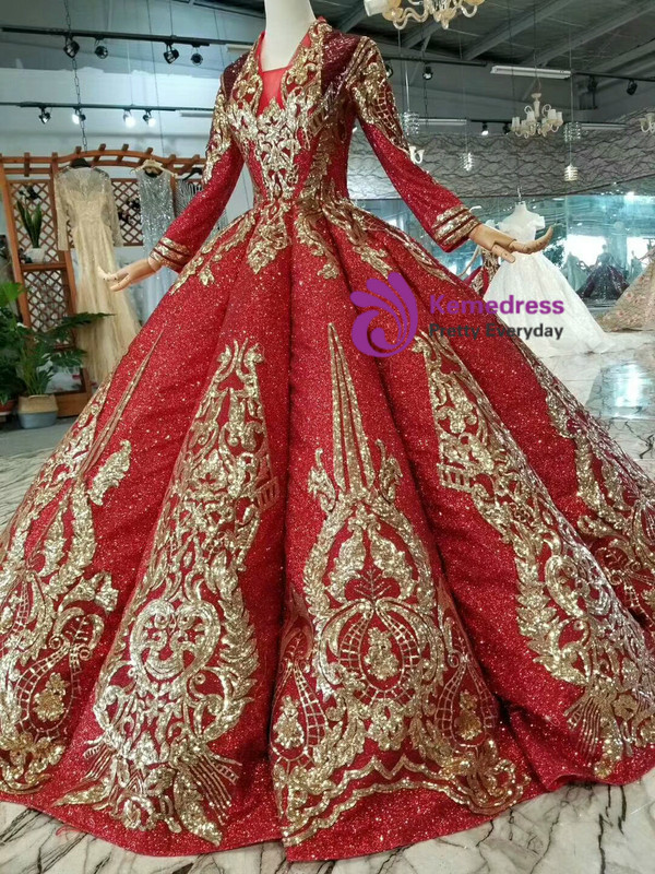 Red Ball Gown Sequins V-neck Long Sleeve Gold Sequins Appliques Wedding Dress