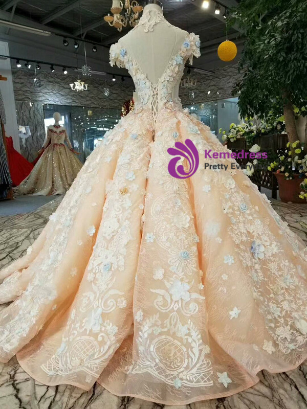 Champagne Ball Gown High Neck Backless Cap Sleeve Appliques Wedding Dress