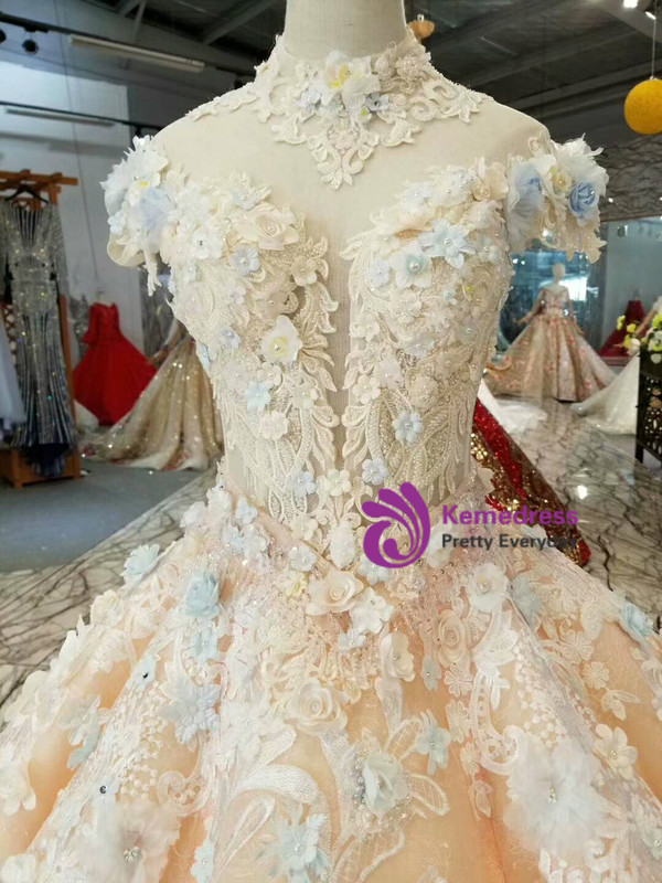 Champagne Ball Gown High Neck Backless Cap Sleeve Appliques Wedding Dress