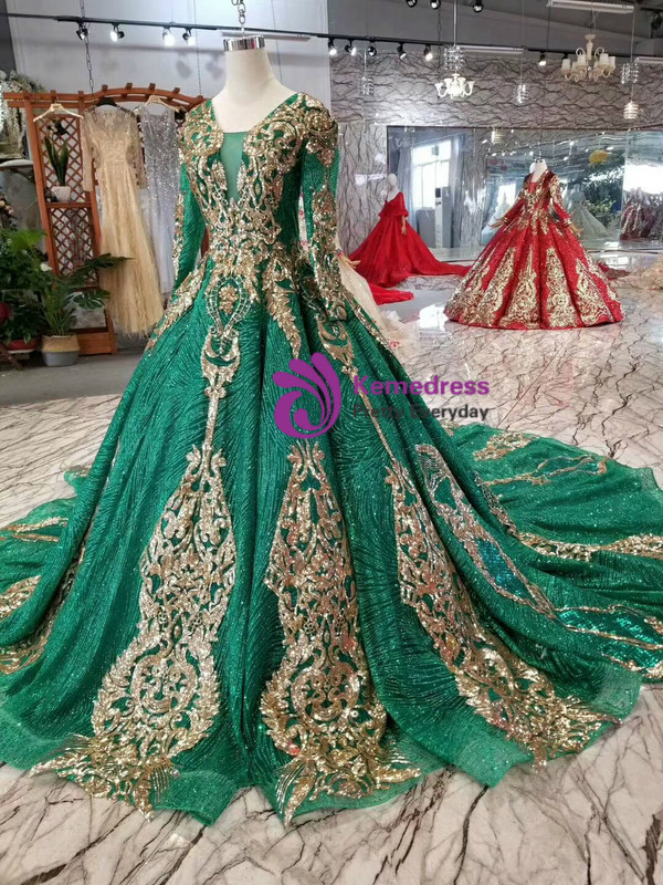Green Ball Gown Sequins Gold Sequins Appliques Long Sleeve Wedding Dress