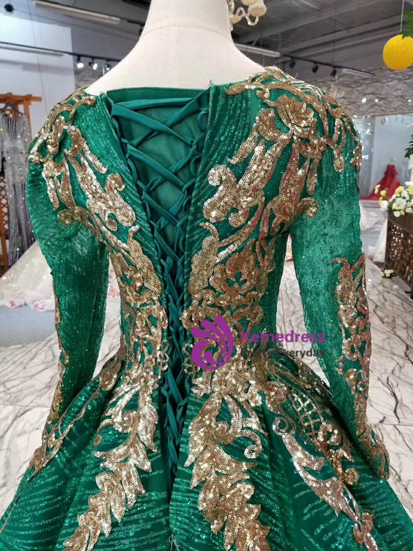 Green Ball Gown Sequins Gold Sequins Appliques Long Sleeve Wedding Dress