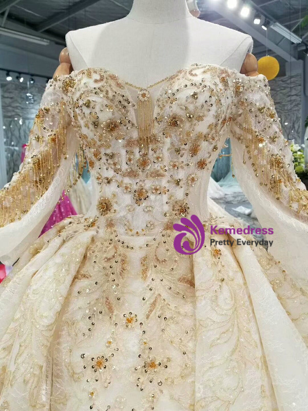 Champagne Ball Gown Lace Appliques Off The Shoulder Long Sleeve Wedding Dress