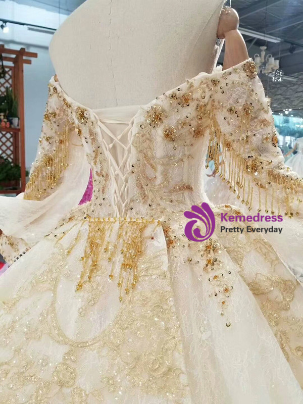 Champagne Ball Gown Lace Appliques Off The Shoulder Long Sleeve Wedding Dress