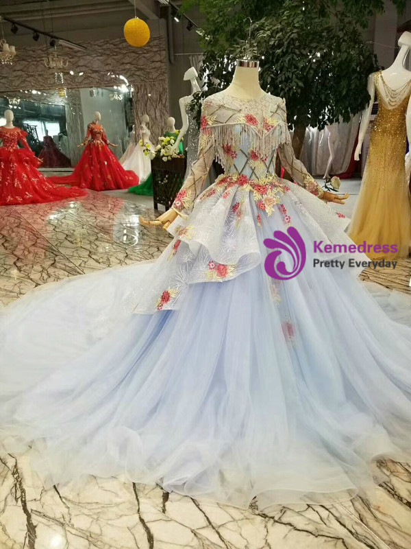 Blue Ball Gown Tulle Sequins Embroidery Appliques Long Sleeve Wedding Dress