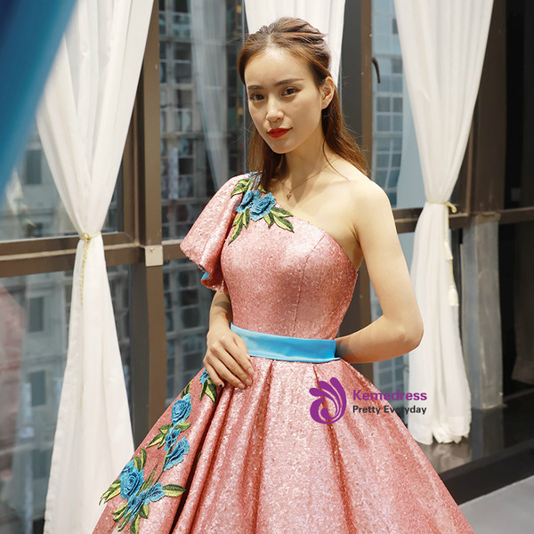 Pink Ball Gown Sequins Blue Embroidery Appliques One Shoulder Sweet 16 Prom Dress