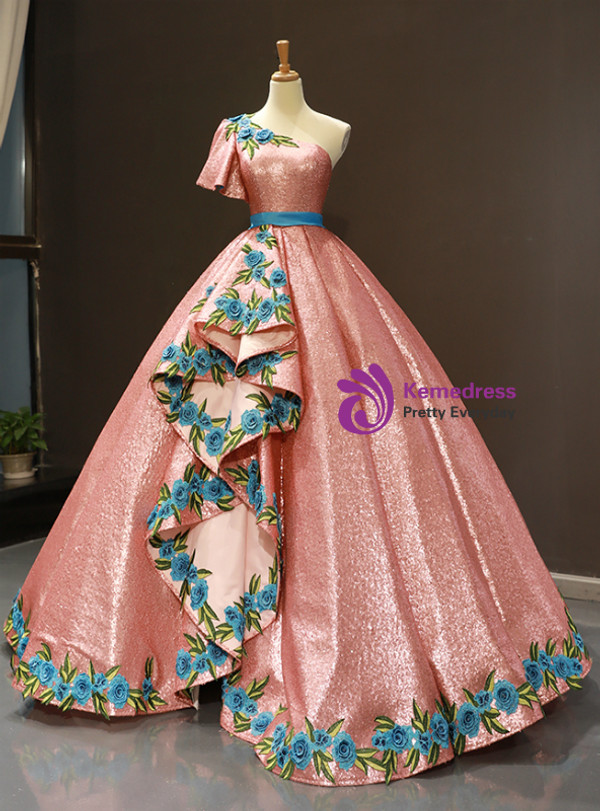 Pink Ball Gown Sequins Blue Embroidery Appliques One Shoulder Sweet 16 Prom Dress