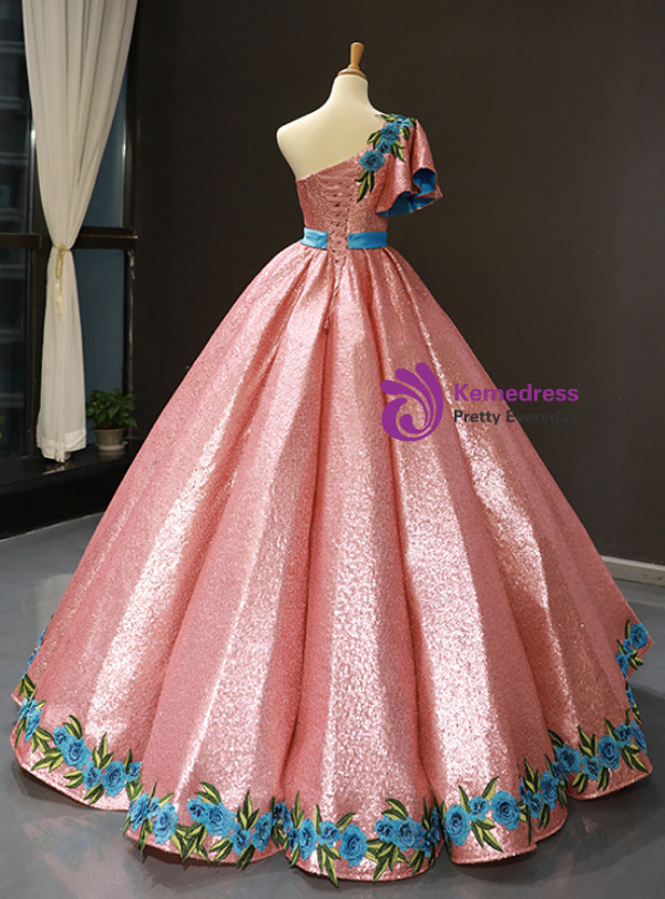 Pink Ball Gown Sequins Blue Embroidery Appliques One Shoulder Sweet 16 Prom Dress