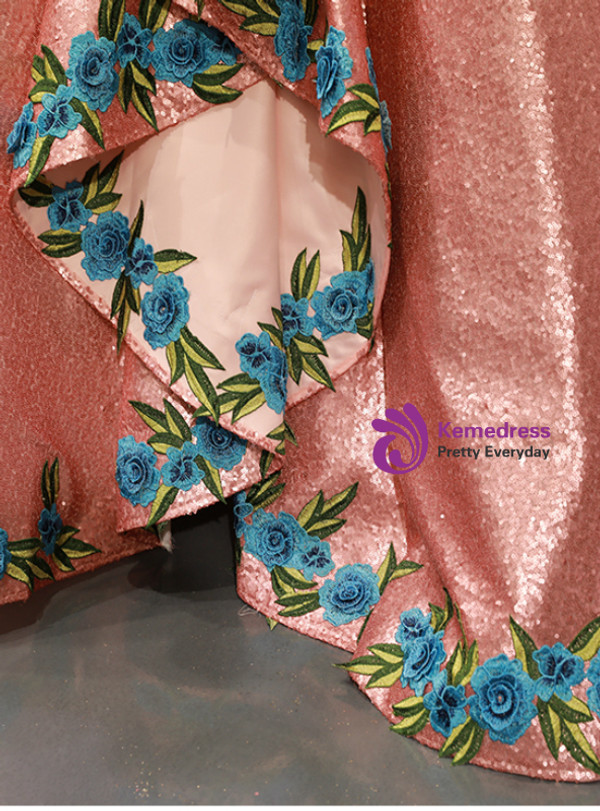 Pink Ball Gown Sequins Blue Embroidery Appliques One Shoulder Sweet 16 Prom Dress