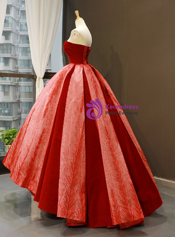 Red Ball Gown Sweetheart Lace Sequins Long Sweet 16 Prom Dress
