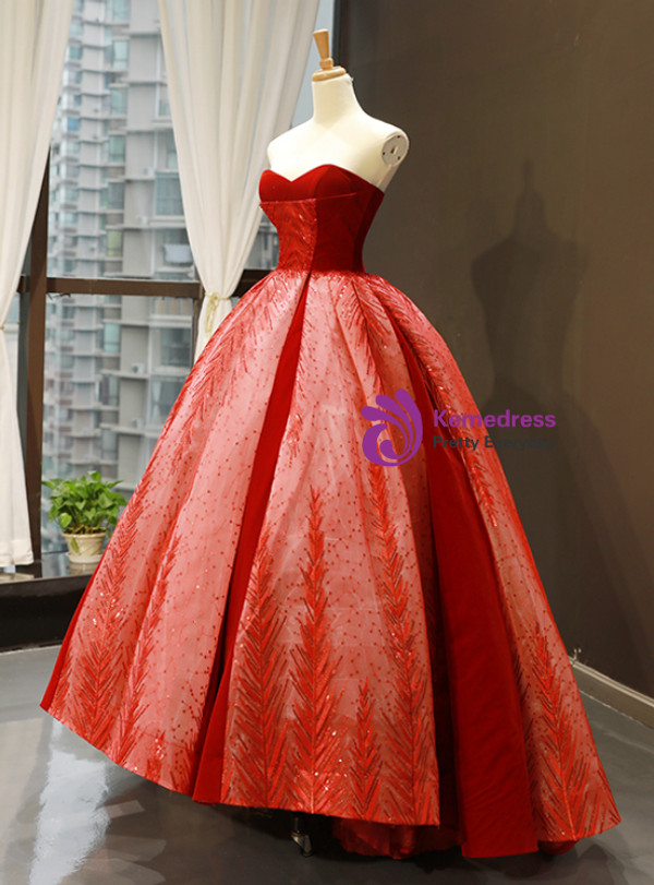 Red Ball Gown Sweetheart Lace Sequins Long Sweet 16 Prom Dress