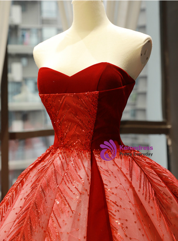 Red Ball Gown Sweetheart Lace Sequins Long Sweet 16 Prom Dress