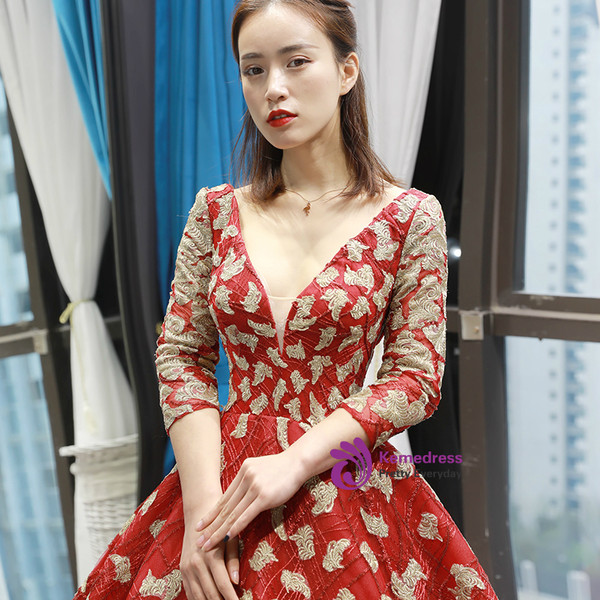 Burgundy Ball Gown Sequins Appliques Deep V-neck Long Sleeve Prom Dress