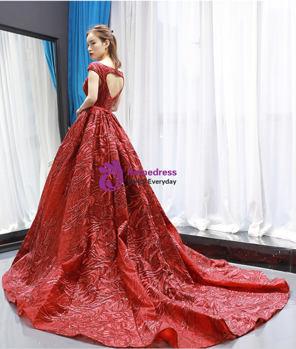 Burgundy Sequins Ball Gown Cap Sleeve Backless Prom Dress