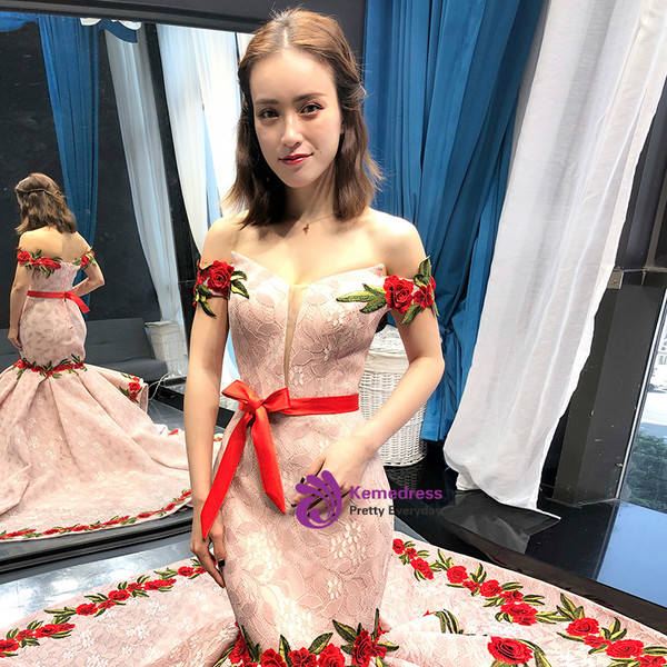 Pink Mermaid Lace Red Appliques Off The Shoulder Prom Dress With Sash