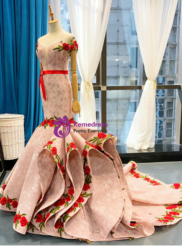 Pink Mermaid Lace Red Appliques Off The Shoulder Prom Dress With Sash