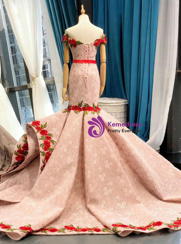 Pink Mermaid Lace Red Appliques Off The Shoulder Prom Dress With Sash
