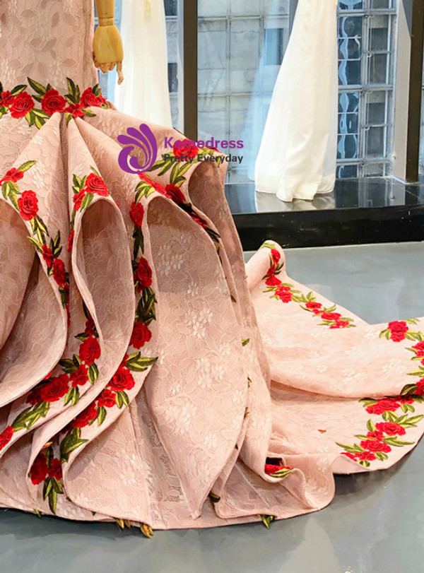 Pink Mermaid Lace Red Appliques Off The Shoulder Prom Dress With Sash