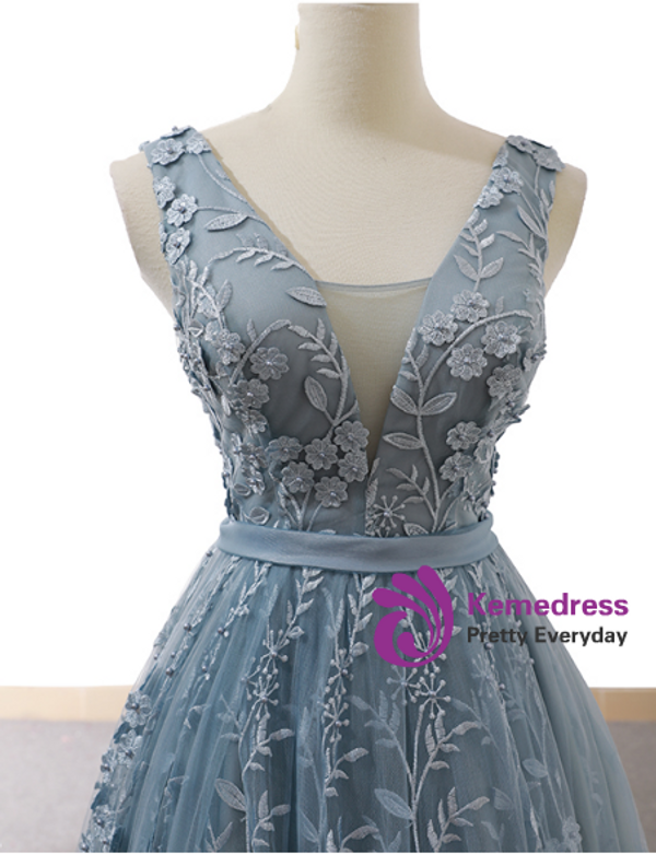 Gray Blue Ball Gown Tulle Appliques V-neck Backless Prom Dress