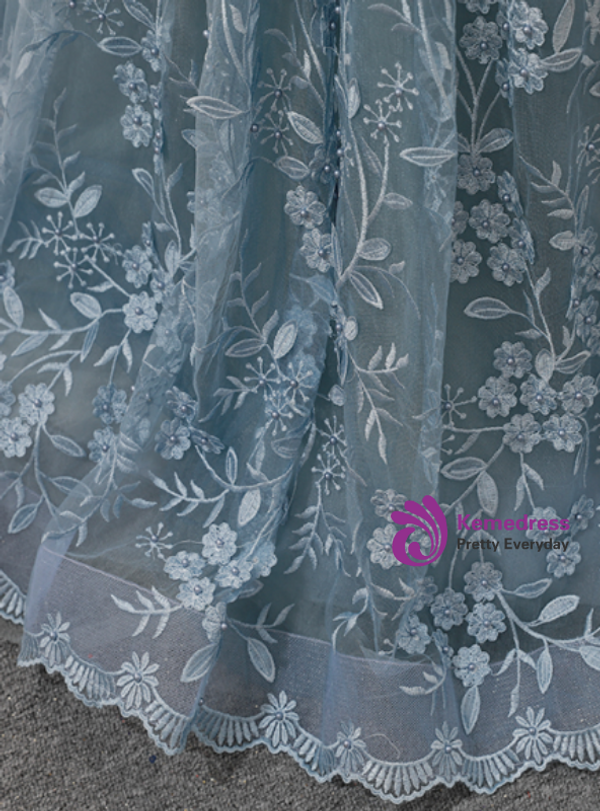 Gray Blue Ball Gown Tulle Appliques V-neck Backless Prom Dress