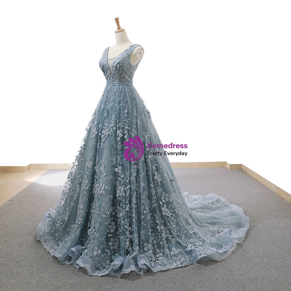 Gray Blue Ball Gown Tulle Appliques V-neck Backless Prom Dress