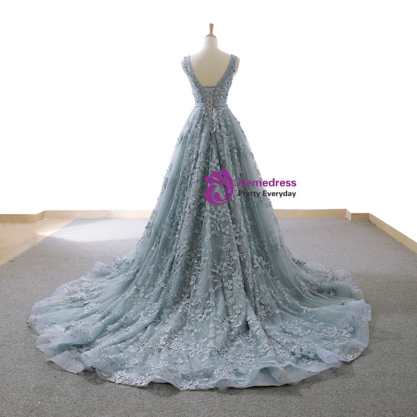 Gray Blue Ball Gown Tulle Appliques V-neck Backless Prom Dress