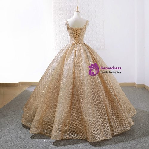 Marvelous Gold Ball Gown Sequins Straps Sweet 16 Floor Length Prom Dress