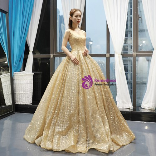Marvelous Gold Ball Gown Sequins Straps Sweet 16 Floor Length Prom Dress