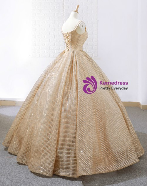 Marvelous Gold Ball Gown Sequins Straps Sweet 16 Floor Length Prom Dress