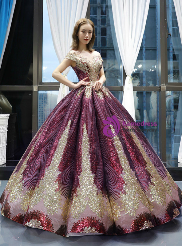Purple Ball Gown Sequins Cap Sleeve Backless Sweet 16 Prom Dress
