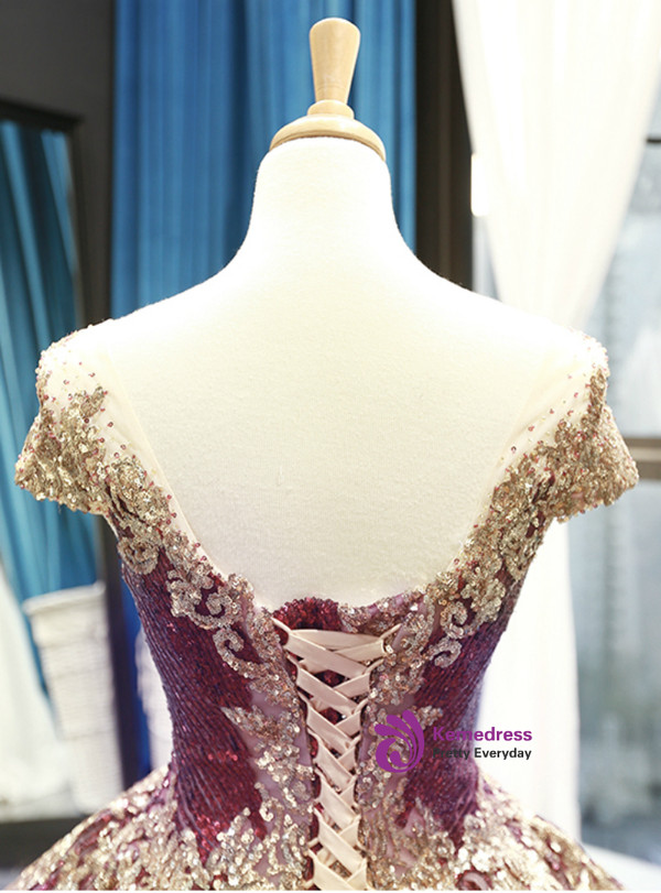 Purple Ball Gown Sequins Cap Sleeve Backless Sweet 16 Prom Dress