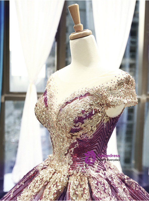 Purple Ball Gown Sequins Cap Sleeve Backless Sweet 16 Prom Dress