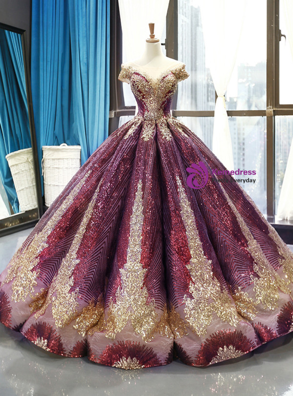 Purple Ball Gown Sequins Cap Sleeve Backless Sweet 16 Prom Dress