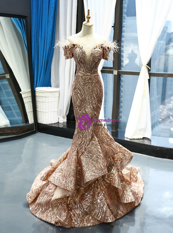 Glamorous Gold Mermaid Sequins Off The Shoulder Appliques Feather Prom Dress 
