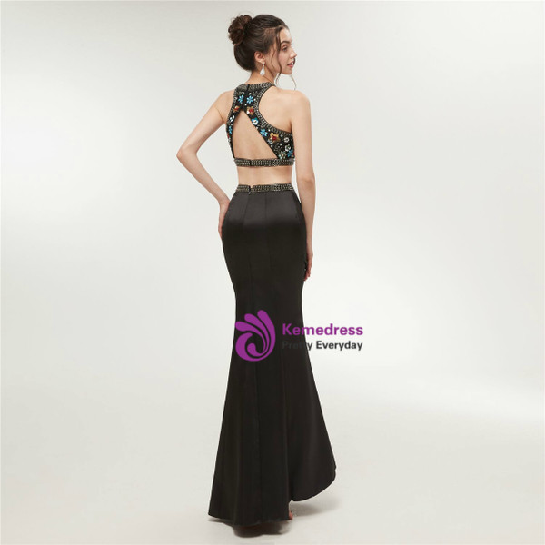 Marvelous Black Mermaid Two Piece Halter Backless Long Prom Dress