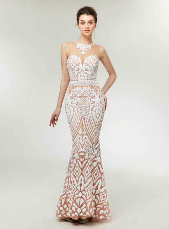 Amazing Champagne White Sequins Mermaid See Through Neck Prom Dress
