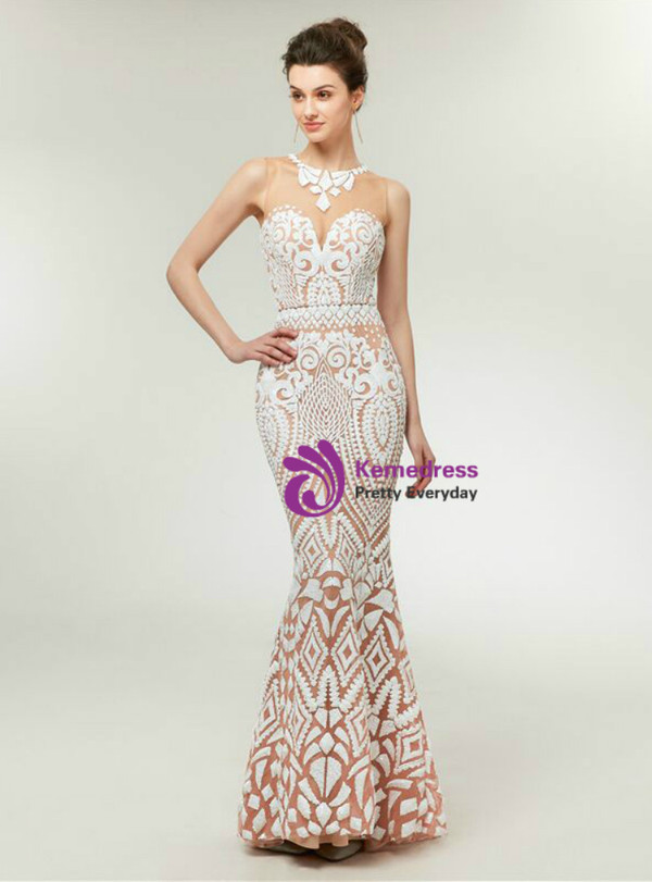 Amazing Champagne White Sequins Mermaid See Through Neck Prom Dress