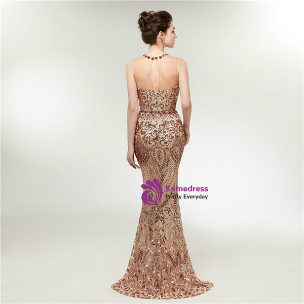 Gold Sequins Mermaid Sleeveless See Through Long Prom Dress