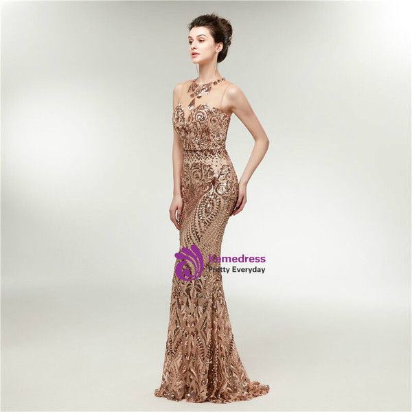 Gold Sequins Mermaid Sleeveless See Through Long Prom Dress